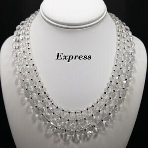 Vintage Express Clear Glass 3 Strand Necklace, Black Seed Bead Accents, 19 Inch